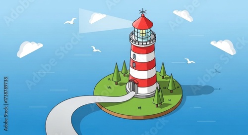 A vibrant illustration depicts a classic lighthouse, rendered with a modern isometric design, featuring red and white stripes along its exterior and a bright beacon shining across the sea.
