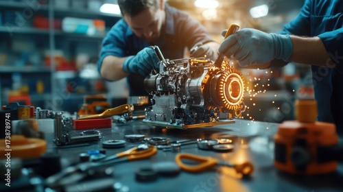 Mechanic Working on Engine in Workshop with Tools and Sparks Flying