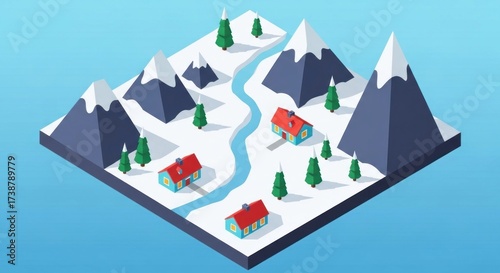 Isometric illustration depicting a winter landscape with snow-capped mountains, a winding river, and charming houses, all set within a pristine blue and white color palette.