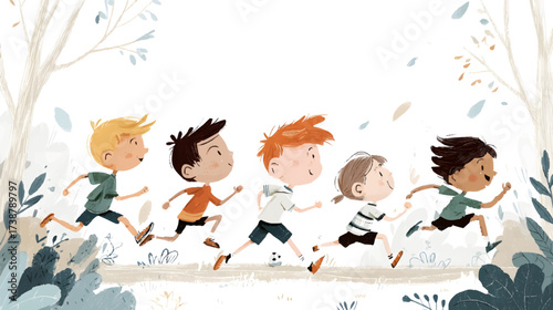 Illustration of five happy children running together on a beige background.