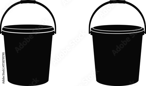 Black bucket silhouette, plastic container icon, household storage symbol, water pail design, simple vector illustration, isolated object, minimal style graphic