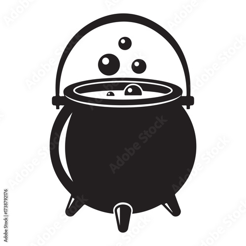 A classic black silhouette of a witchs cauldron with bubbling potion and steam rising on a white background for halloween