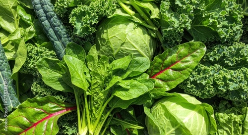 Lush arrangement of various fresh green leafy vegetables and cabbages, featuring intricate textures and vibrant green hues.
