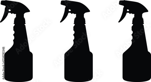 Black spray bottle silhouette, cleaning product container, household detergent sprayer, trigger nozzle design, disinfectant packaging, hygiene concept, isolated white background