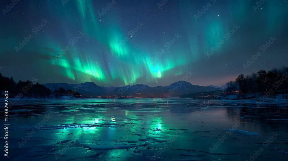 Naklejka premium Captivating display of the aurora borealis illuminates the night sky, creating ethereal green and turquoise light patterns over a frozen lake and surrounding landscape under a starry cosmos with...