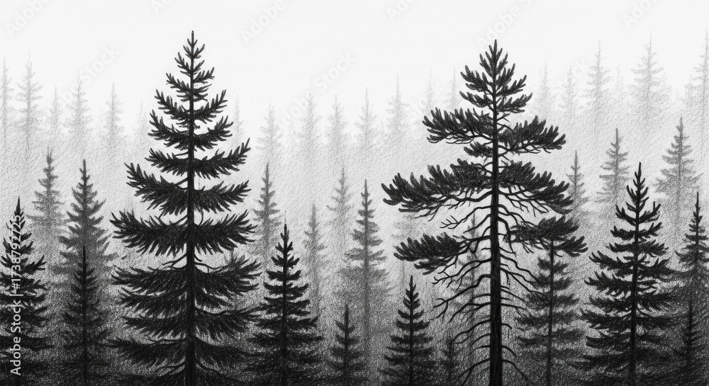 Obraz premium Dark pencil drawing depicts a forest of evergreen trees, showcasing a variety of sizes and shapes, while a foggy background creates a sense of depth and an atmospheric quality, with a monochromatic...