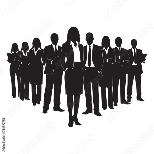 Diverse group of business professionals in silhouette standing together as a united team with a strong leader at the front