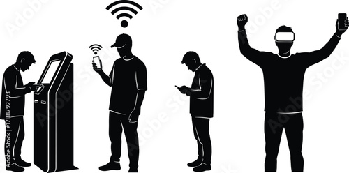 Digital technology silhouettes, touchscreen kiosk, smartphone users, WiFi connectivity, virtual reality headset, immersive experience, modern lifestyle, innovation, communication, future interaction