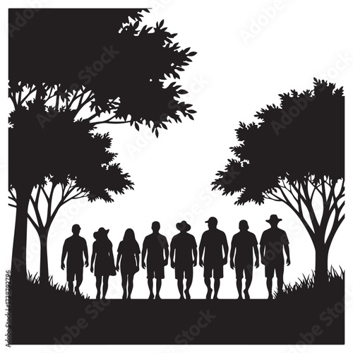 Diverse group of people standing together in silhouette against a bright sky with trees on either side