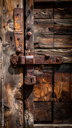 Weathered Wooden Door with Rusty Hardware and Aged Texture.