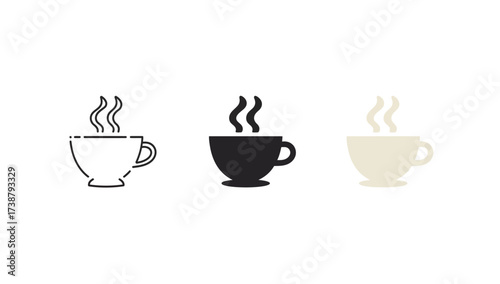 Vector art of three cups of hot drink with steam in different styles