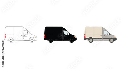 Vector art of van in different styles, outline, black and color version