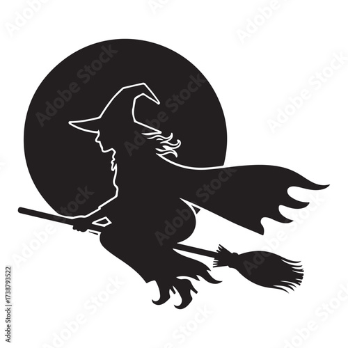 Silhouette of a classic halloween witch with a pointed hat flying on a broomstick against a large full moon