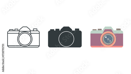 Vector art of camera icon set with outline, silhouette, and color versions
