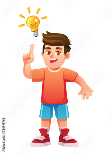 Excited boy points upwards as he gets a great idea with a glowing lightbulb appearing above his head. He looks enthusiastic and inspired. Vector cartoon illustration