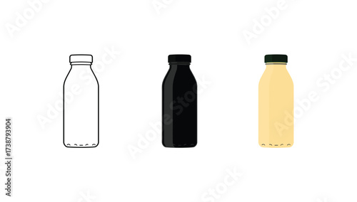 Vector art of milk bottle in three styles, line, silhouette, color