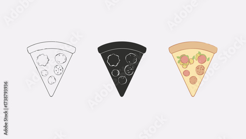 Vector art of three pizza slice icons, each representing a different style