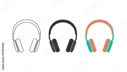 Vector art of headphone illustration set, outline, silhouette, and color