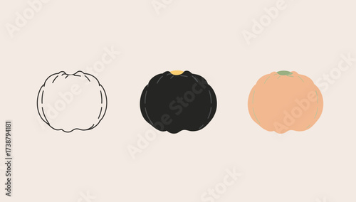 Vector art of three mandarin icons in a row, one outline, one silhouette, one colored