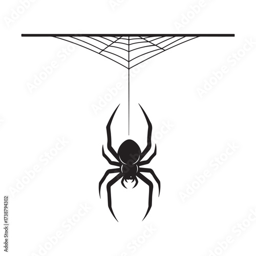 Silhouette of a large black spider dangling from a delicate spiderweb suspended against a stark white background
