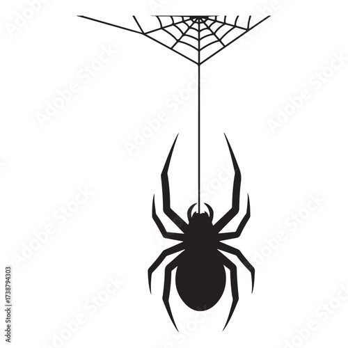 Silhouette of a large black spider hanging from a delicate spiderweb on a white background