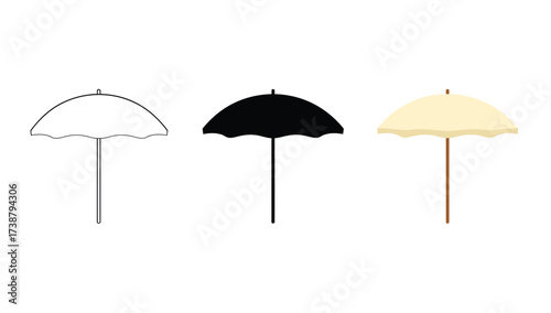 Vector art of three beach umbrellas in different styles, vector illustration