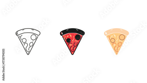 Vector art of three pizza slices in different styles, outline, silhouette, and color