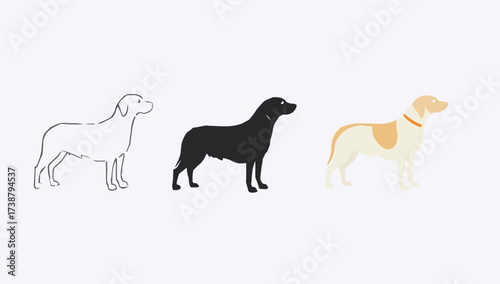 Vector art of three labrador retriever dog icons in different styles