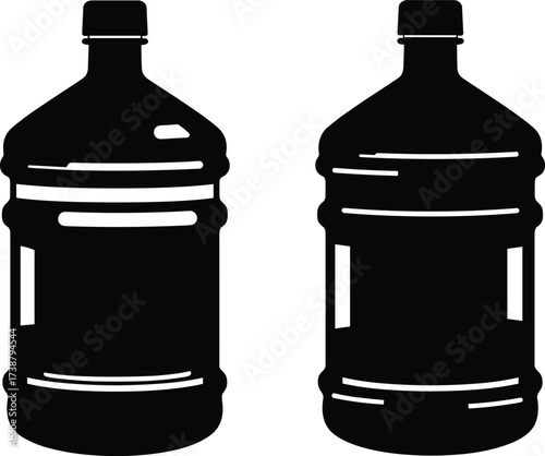Plastic water jug silhouette, large dispenser bottle, black outline, container design, hydration storage, purified water, gallon container, beverage packaging, refillable container, drinking water