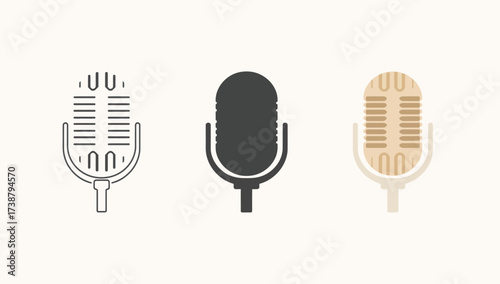 Vector art of three microphones in different styles outline, silhouette, and color