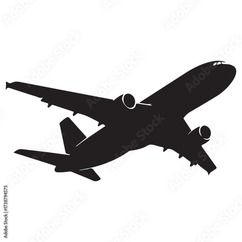 Silhouette of a modern commercial jet airplane in flight against a white background conveying travel and aviation