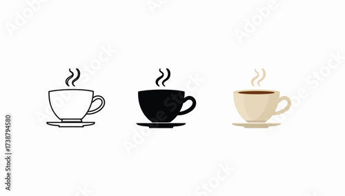 Vector art of three cups of coffee, in different styles outline, silhouette, and color