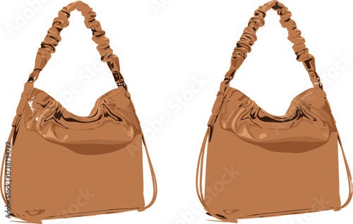 Brown handbag, ruched handle purse, slouchy fashion bag, stylish women’s accessory, leather tote, trendy shoulder bag, elegant handbag design