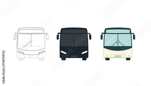 Vector art of bus icon set, outline, glyph, and color versions, front view