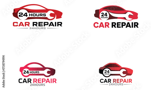 Car repair service logo set with wrench and automobile design for 24 hours garage 
