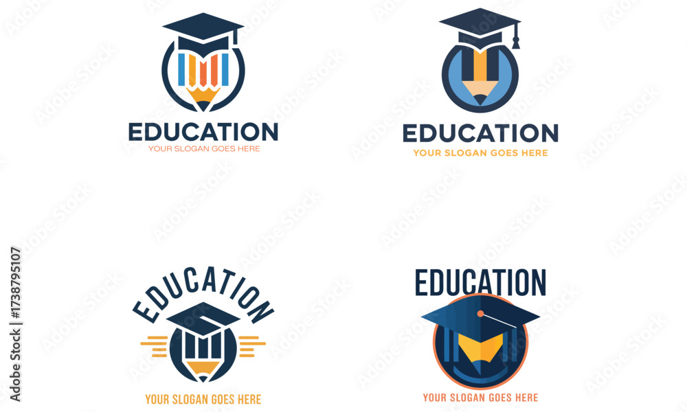 Naklejka premium Education logo set with graduation cap and pencil design for learning and academic branding 
