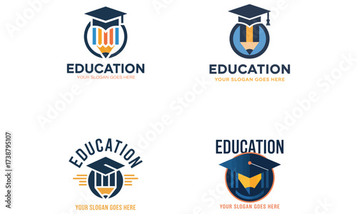 Education logo set with graduation cap and pencil design for learning and academic branding 
