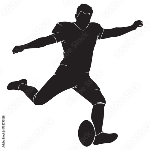 Silhouette of an american football player in action kicking the ball with dynamic motion and a white background
