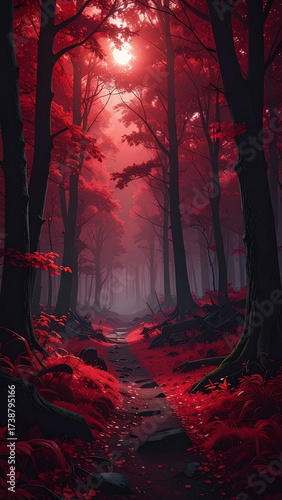 Atmospheric photo of a dark red forest, eerie lighting, and creepy surreal ambiance, evoking fantasy or horror vibes in a moody autumn landscape.