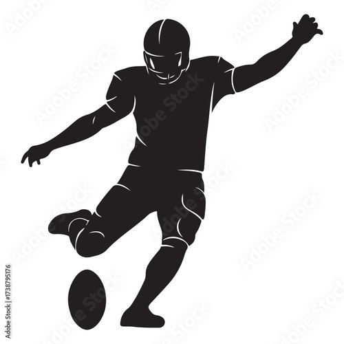 Silhouette of an american football player in full uniform kicking the ball with dynamic motion and athletic stance on a white background