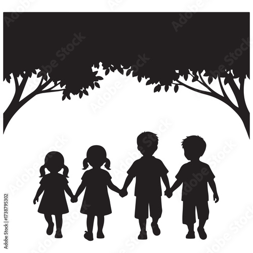 Silhouette of four diverse children holding hands walking together under the shade of leafy trees in a park or garden
