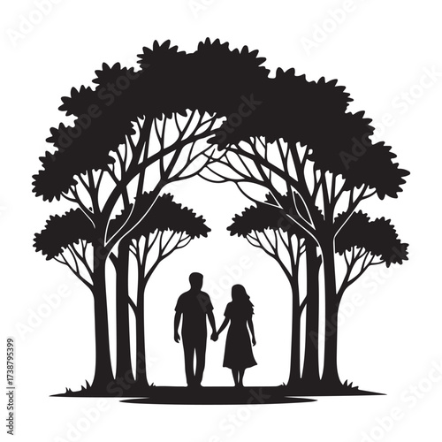 Silhouetted couple walking hand in hand beneath a canopy of trees forming an archway in a romantic outdoor scene