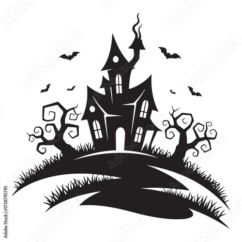 Spooky haunted mansion silhouette with gnarled trees and flying bats against a white background for halloween celebrations