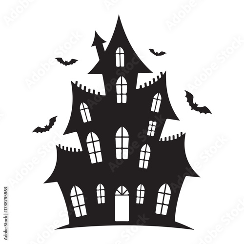 Spooky silhouette of a haunted mansion with jagged edges and flying bats against a white background for halloween