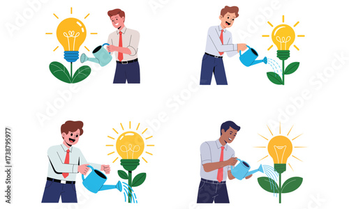 Businessman watering light bulb plant symbolizing growth creativity and innovation 
