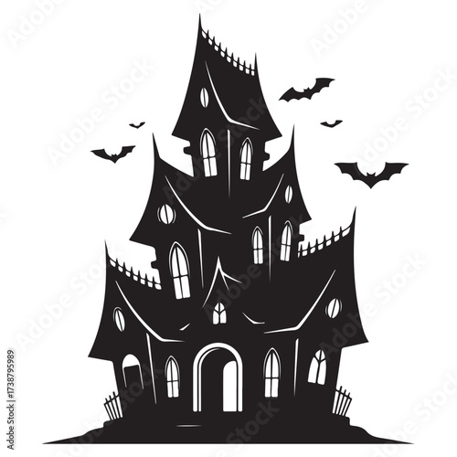 Spooky silhouette of a haunted mansion with jagged rooftops and flying bats against a white background for halloween