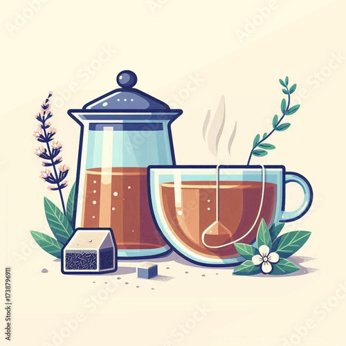 Tea set with a jar tea bag cup sugar cube flower lavender and sprig with a soft neutral background
