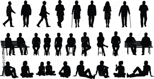 Silhouettes of people standing, walking, sitting, relaxing, conversation, posture variety, human interaction, lifestyle concept, crowd diversity, social gathering, leisure activity