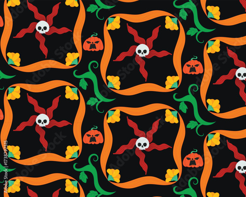 Seamless Halloween pattern featuring skulls, pumpkins, and spooky floral elements in flat colorful style. Great for party invites, backgrounds, and creative projects.