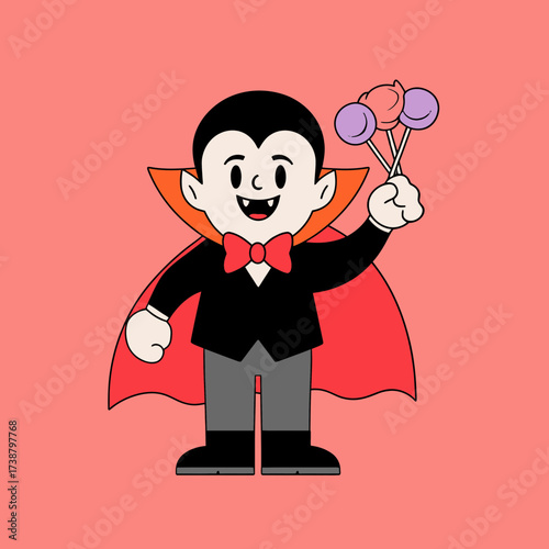 Cute Cartoon Vampire Child Holding Candy Lollipops in Pink Background